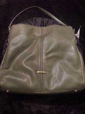 Anne Klein Olive Green Pebbled Leather Shoulder Bag with Gold Accent Bar